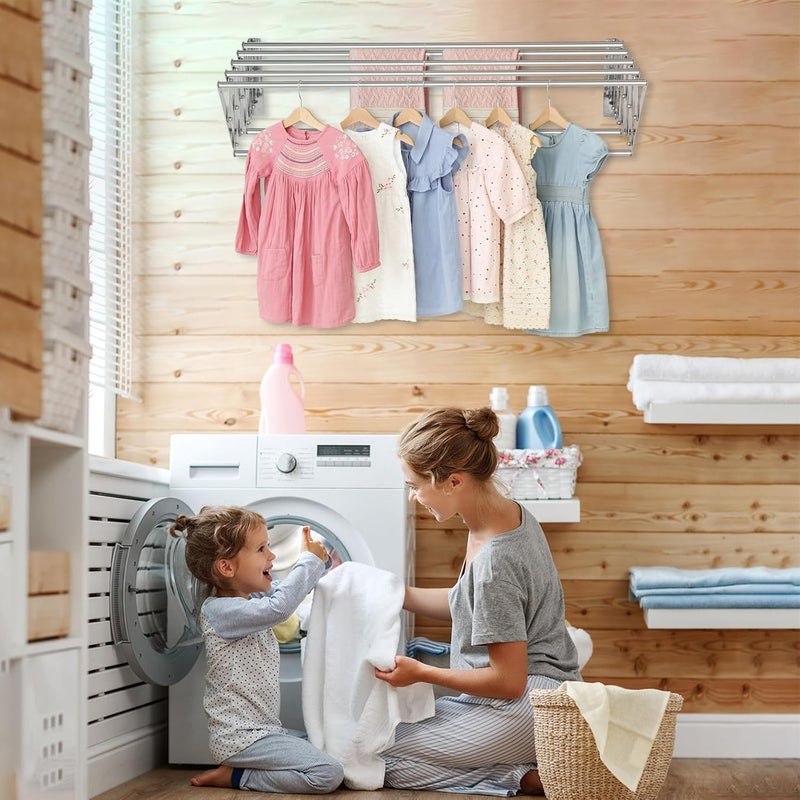 CAEXABO XL-31.5" Wall Mounted Clothes Drying Rack, 130 LBS Large Capacity Rustproof Retractable Clothes Rack, Collapsible Drying Rack Easy to Install with 7 Drying Rods, Space Saving for Laundry-White - Image 4